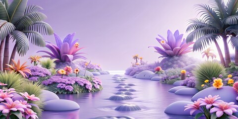 A serene lavender landscape with tropical plants and a tranquil river flowing through it