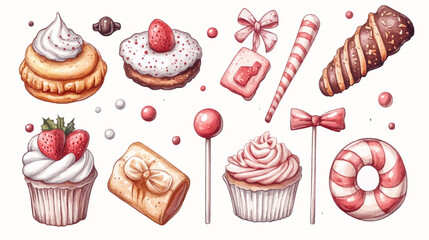 Colorful Cakes, Sweets, and Treats on a White Background