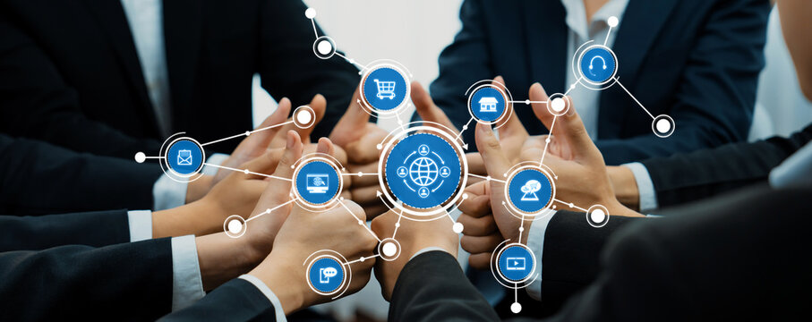 Dynamic scene of diverse professionals engaged in business networking, showcasing collaboration and technology icons, highlighting modern communication strategies and teamwork efforts. Amity