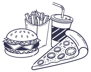 Fast food meal combo illustration with burger fries pizza and drink