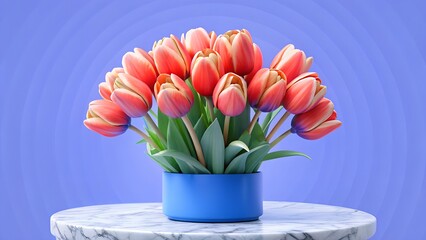 A beautiful bouquet of vibrant orange tulips in a blue vase on a marble table against a blue background
