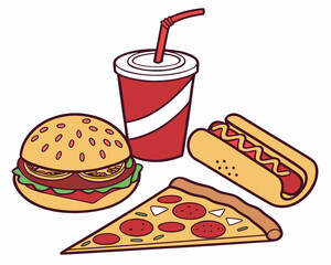 Fast food combo meal with burger soda hot dog and pizza slice