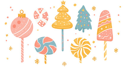 Cute Christmas Dessert Clipart Collection Featuring Kawaii Candy in Festive Colors