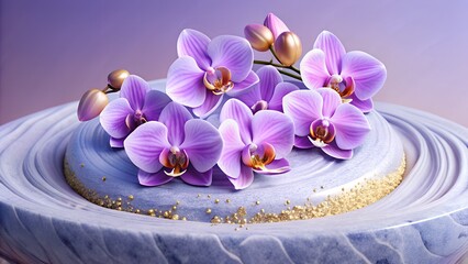 A serene arrangement of purple orchids gracefully adorns a textured, marblelike surface, creating a peaceful scene