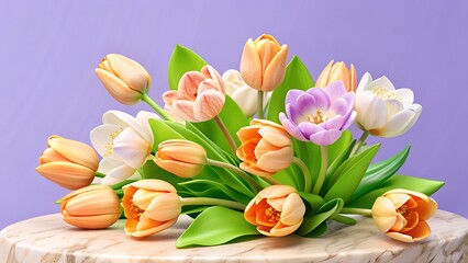 A vibrant bouquet of colorful tulips on a marble pedestal against a soft purple backdrop creates a cheerful scene