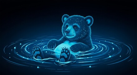 Cartoon bear floating in water with blue hues and starry background