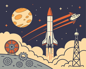 Obraz premium Rocket launch into a starry sky with a planet