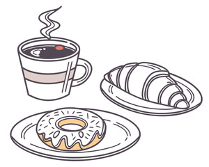 Simple line art breakfast scene with coffee donut and croissant