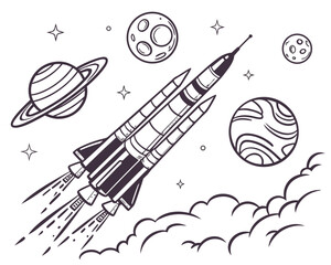 Rocket ship launching into space with planets and stars © Didi