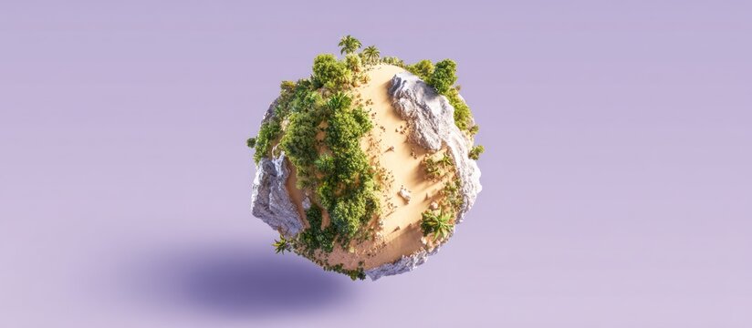 A miniature floating island sphere with trees, sand, rock, and soft shadow against purple background