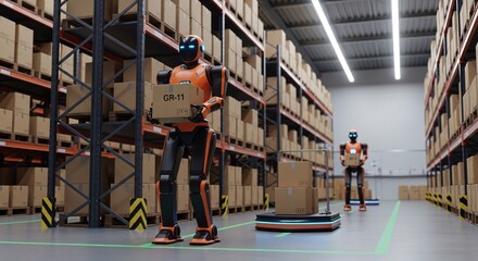Automated warehouse revolution with robots moving inventory boxes in a modern distribution center, streamlining processes for faster delivery and increased efficiency with advanced technology