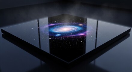 Abstract galaxy displayed on a glossy surface in a dark environment