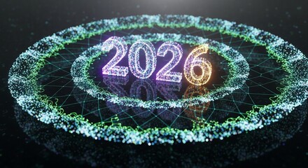 Abstract 3 d rendering of the year 2026 on dark background with circles