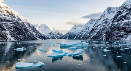 Fototapeta premium Majestic fjord framed by snow-dusted peaks, scattered with brilliant blue ice. A stunning, wide-angle landscape photograph capturing the dramatic, serene beauty of an Arctic or sub-Arctic fjord