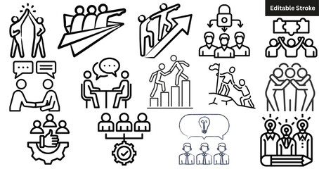 Set of teamwork and collaboration line icons. Vector sketch collection of business partnership, meeting, and team goals symbols. Editable stroke.