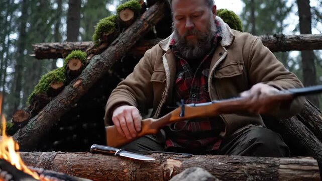 A man cleaning hunting knife with cloth. Bushcraft survivalist by campfire. Wild forest camp with rifle. Preparation for adventure footage.
