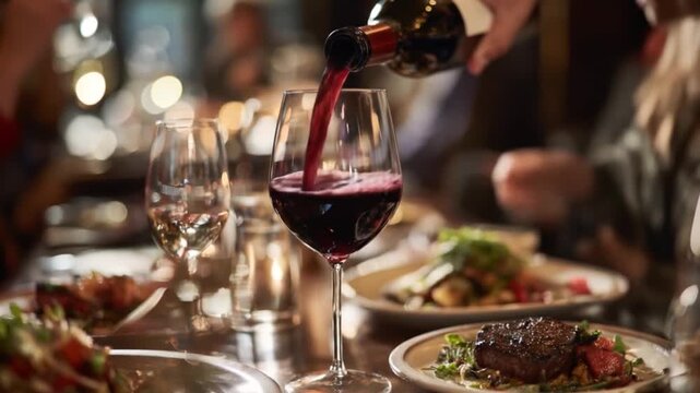 Wine being poured into glass at restaurant table with food close up