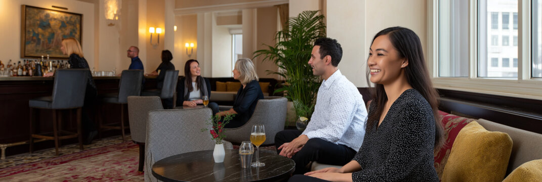 A lively social scene in an upscale bar where friends engage in conversation, showcasing the warm ambiance and the joy of shared moments in a sophisticated setting.
