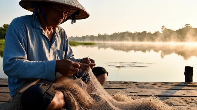 Man repairing fishing net by lake. Fisherman mending gear for survival in wild nature. Traditional craft and self-sufficiency footage.