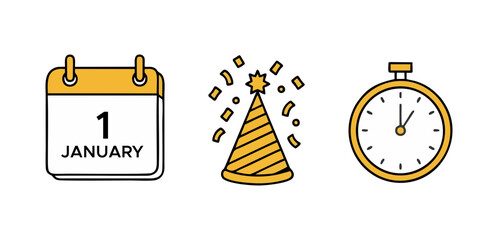 New Year's Day celebration elements including a calendar, party hat, and stopwatch icons, symbolizing time and festivities