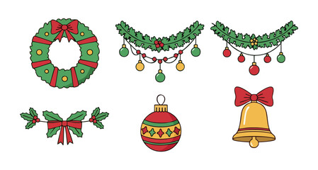 Vector Christmas Decorations Including a Wreath, Garlands, Baubles, Bows, and a Bell