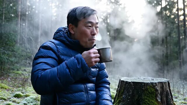 Asian man in blue puffer jacket holding steaming mug in misty forest. Outdoor survival concept. footage.