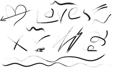 Hand-drawn abstract line art and heart arrow designs with a distressed, textured brushstroke effect, perfect for graphic overlays