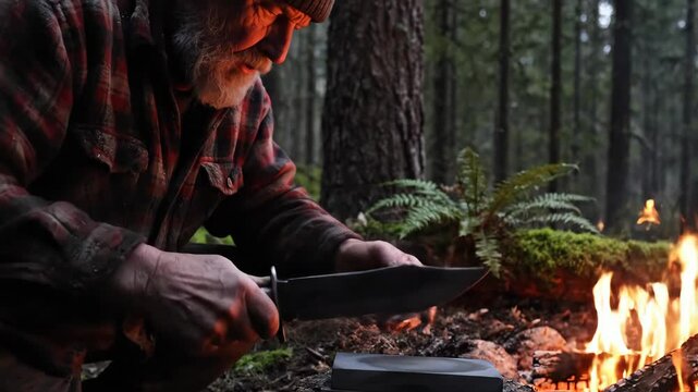 Man sharpening knife on whetstone by campfire in forest. Survivalist preparing blade for bushcraft in wild nature. Extreme survival footage.