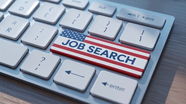 The American Flag on a Computer Keyboard Button displaying Job Search, symbolizing US Employment Opportunity Hunting and Recruitment Drive.
