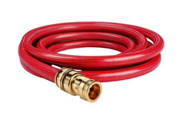Coiled red garden hose with brass fitting isolated on transparent background