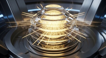 A futuristic glowing energy core with multiple transparent glass-like spherical layers surrounded by radiant light beams and a metallic base modern technology concept
