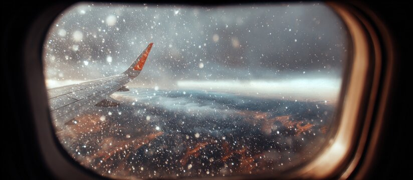 View of a snowy sky and distant land through an aircraft window, wing in view - Powered by Adobe