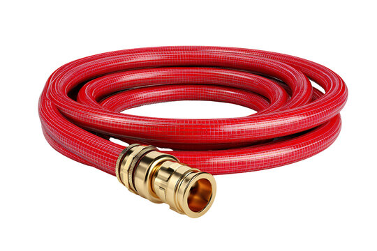 Coiled red garden hose with brass fitting isolated on transparent background