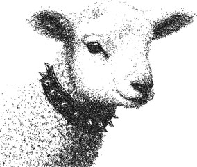 Lamb with spiked collar stipple texture vintage vector illustration of innocence and rebellion