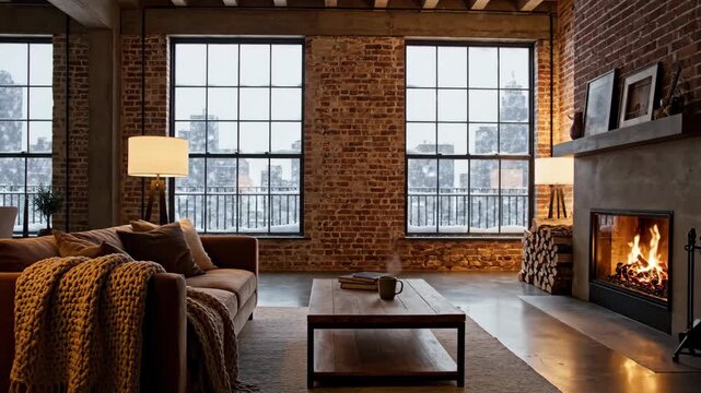 Cozy living room with burning fireplace and large windows showcasing snow-covered city outside, interior design footage
