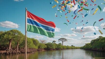 Gambia National Flag waving over river mangroves and savanna landscape, celebrating Independence Day February 18 under a blue sky