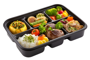 Healthy bento box lunch with rice meat and vegetables isolated on transparent background