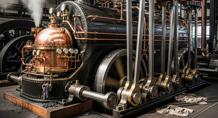 Detailed classic steam engine with copper boiler and brass fittings.
A richly detailed, horizontal photograph of a stationary, double-acting industrial steam engine or pump in an old factory setting
