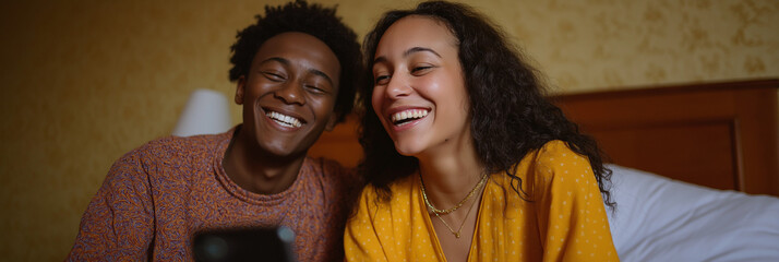 A joyful couple sharing laughs while looking at their smartphone in a cozy hotel room, capturing the essence of togetherness, happiness, and modern relationships in an intimate space.