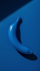 Monochromatic pop art still life of a blue banana on a matching background with a sharp shadow, a surreal and conceptual image