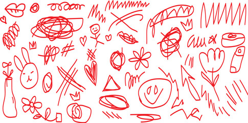 Whimsical red scribble art collage of hearts flowers and faces collection of spontaneous red crayon drawings on a light background featuring hearts, flowers, faces, and abstract shapes.