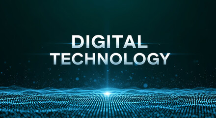 Digital Technology text over abstract blue particle wave background image