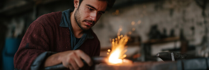 A skilled craftsman shapes metal in his workshop, creating sparks that illuminate the space, symbolizing hard work, dedication, and the artistry of metalwork and craftsmanship.