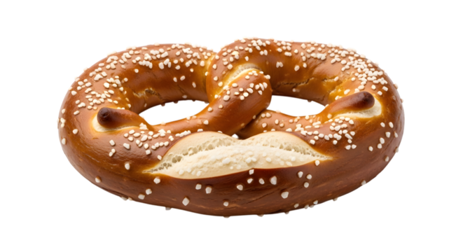 Freshly baked pretzel with salt crystals isolated on transparent background