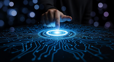 Hand touching glowing blue digital circuit board interface with bokeh lights technology