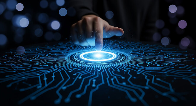 Hand touching glowing blue digital circuit board interface with bokeh lights technology