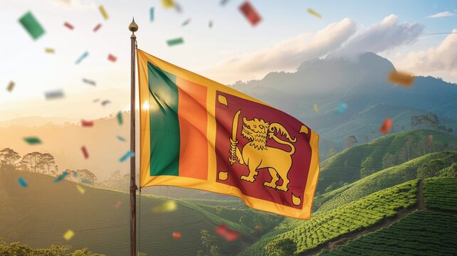 Sri Lanka National Flag waving over lush green tea plantations and misty mountains at sunset, celebrating Independence Day February 4