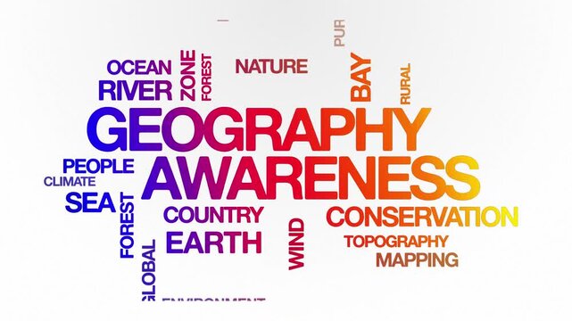 Geography Awareness concept Animated Tag Word Cloud kinetic typography, Text Design Animation typography seamless loop video motion graphics Intro, Word Art Looping 4k gradient colorful type 