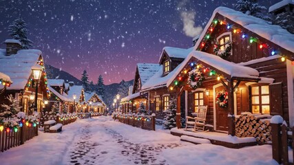Charming Christmas village with glowing lights and snow falling. Beautiful winter holiday scene at night for greeting card. - Powered by Adobe