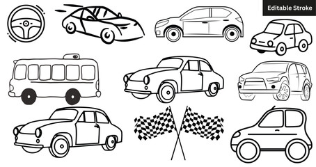 Set of hand drawn car and transportation icons. Vector sketch doodle collection of vehicles, bus, and racing flags. Editable stroke. © Emran Graphics